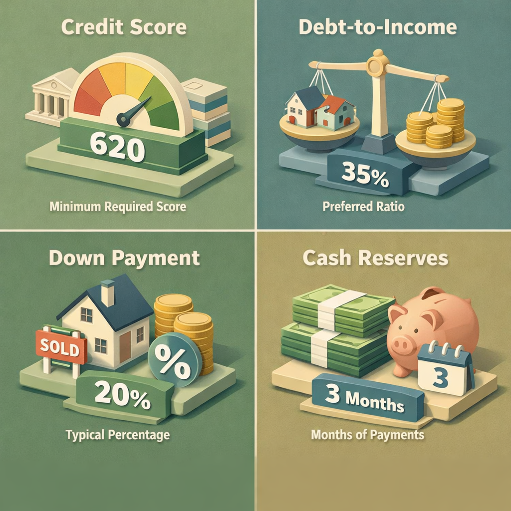 Infographic showing jumbo loan qualification requirements: credit score, debt-to-income ratio, down payment, and cash reserves.