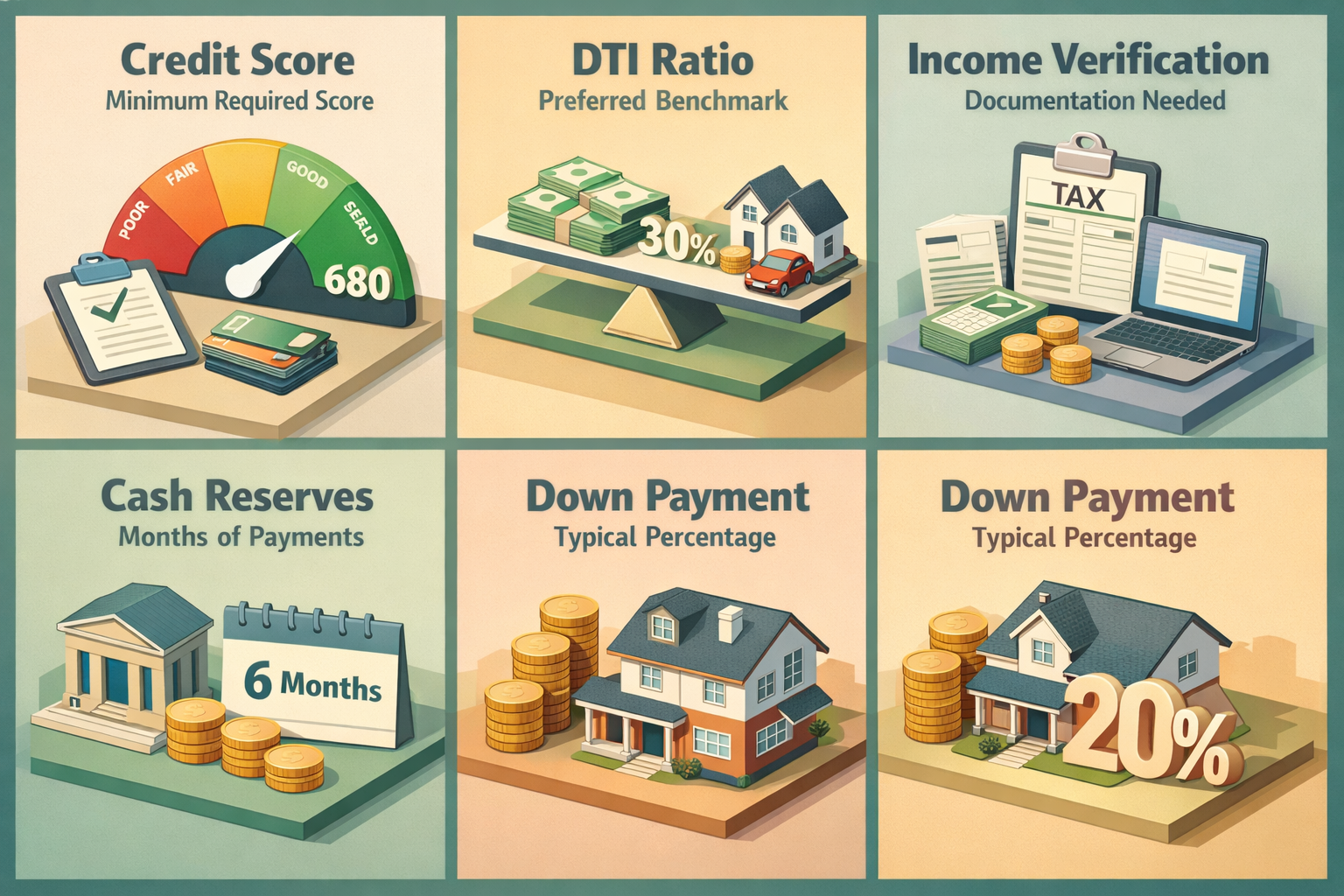 Infographic showing jumbo loan qualification criteria including credit score, DTI ratio, income verification, cash reserves, and down payment.