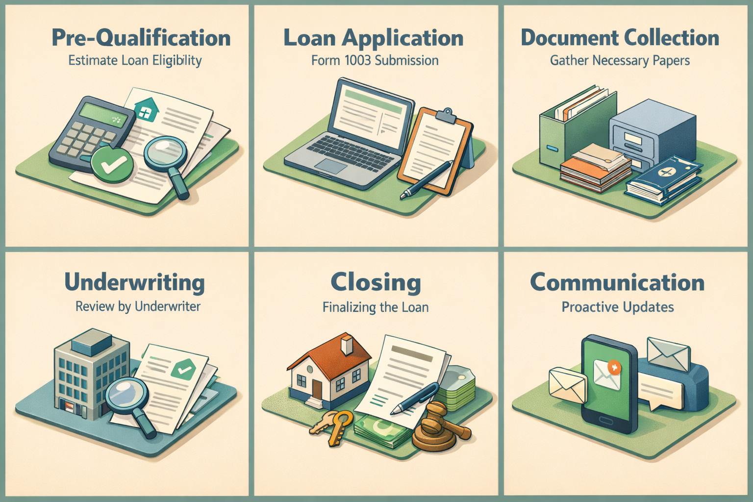 Overview of the loan application process including pre-qualification, application, document collection, underwriting, and closing.