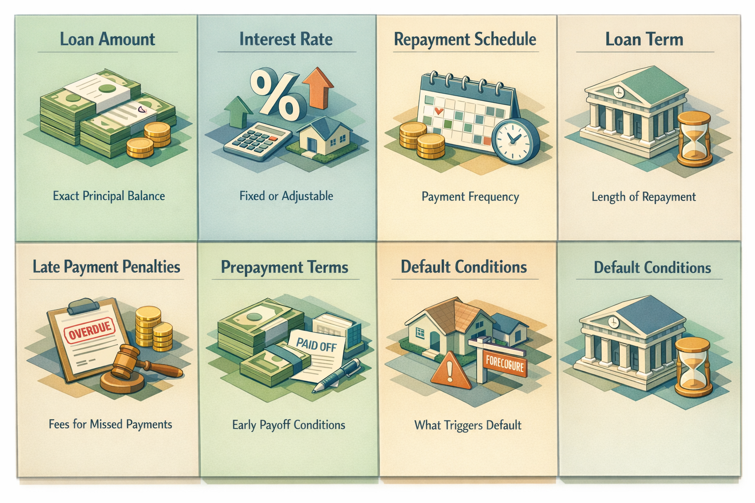 Infographic detailing key components of a mortgage note including loan amount, interest rate, repayment schedule, and more.