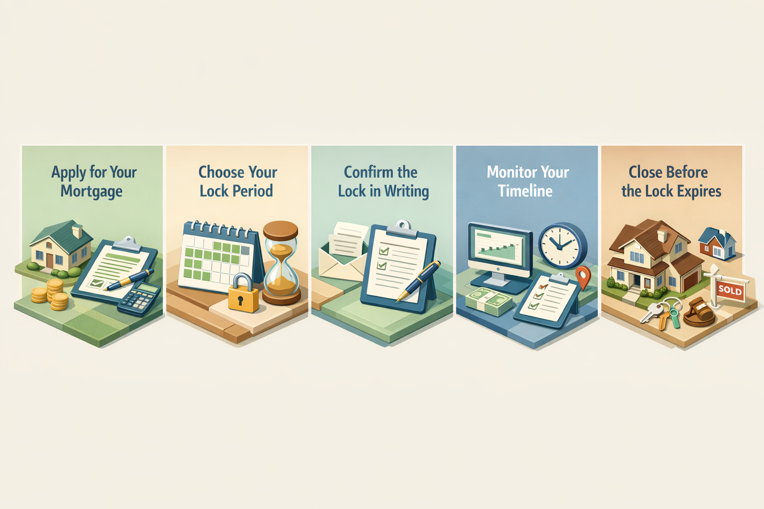 Infographic illustrating the step-by-step process of locking a mortgage rate with five key steps.