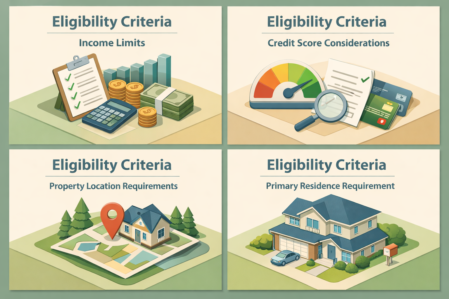 Infographic showing eligibility criteria for USDA loans including income limits, credit score, property location, and primary residence requirements.