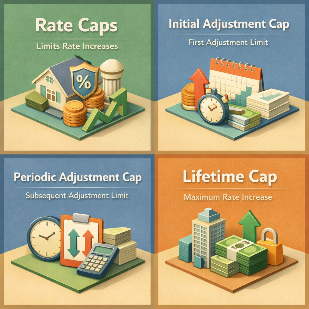 Infographic illustrating rate caps in adjustable-rate mortgages including initial, periodic, and lifetime caps.