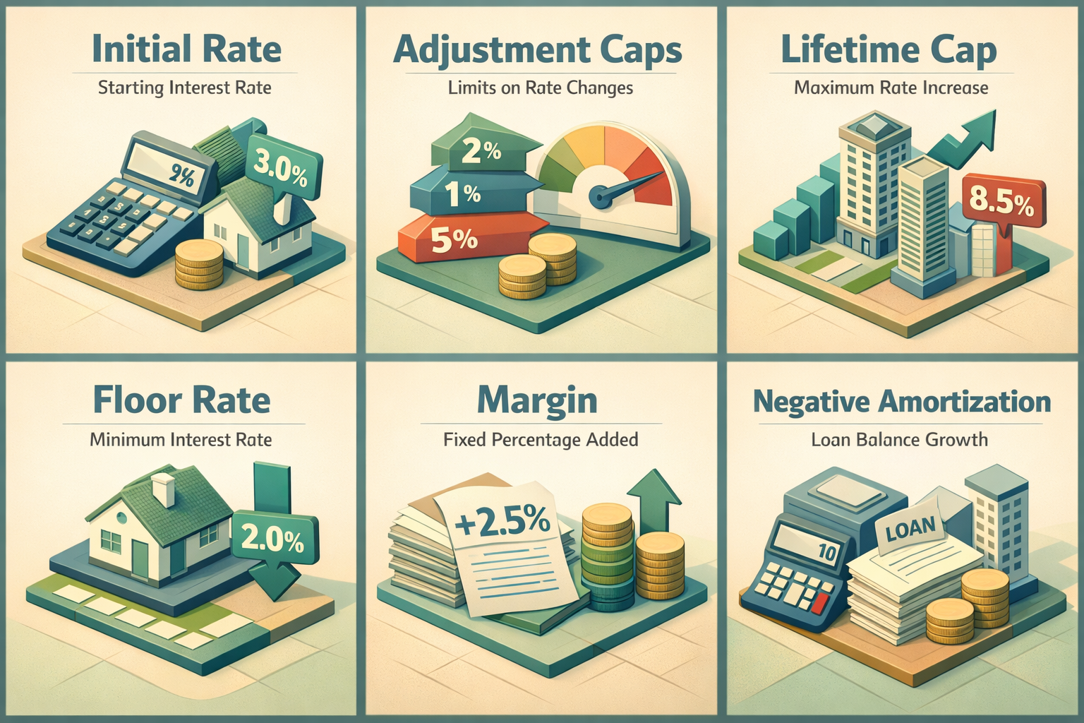 Infographic explaining key terms for adjustable-rate mortgages including Initial Rate, Adjustment Caps, and more.