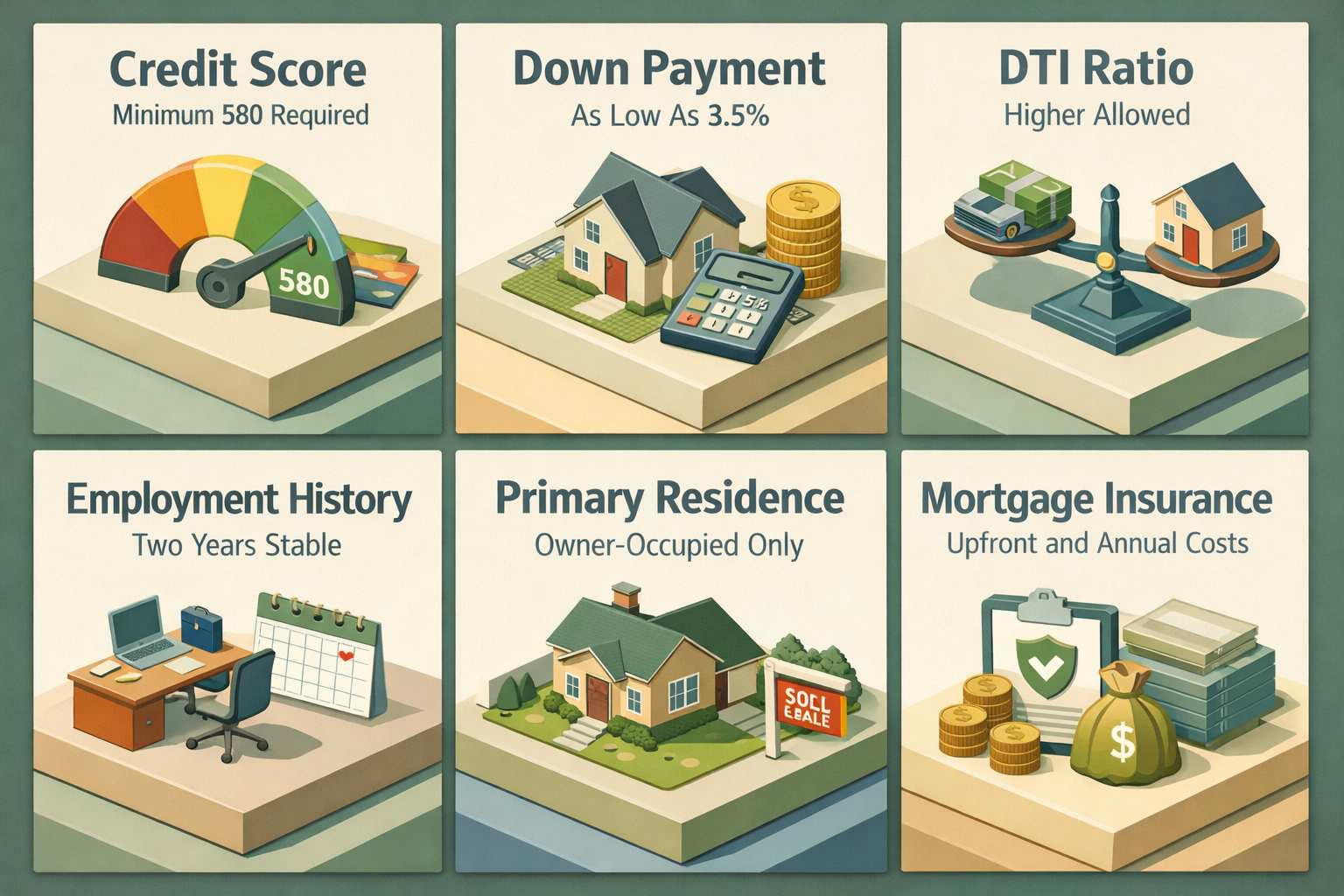 Infographic detailing FHA loan eligibility requirements including credit score, down payment, DTI ratio, employment history, and mortgage insurance.