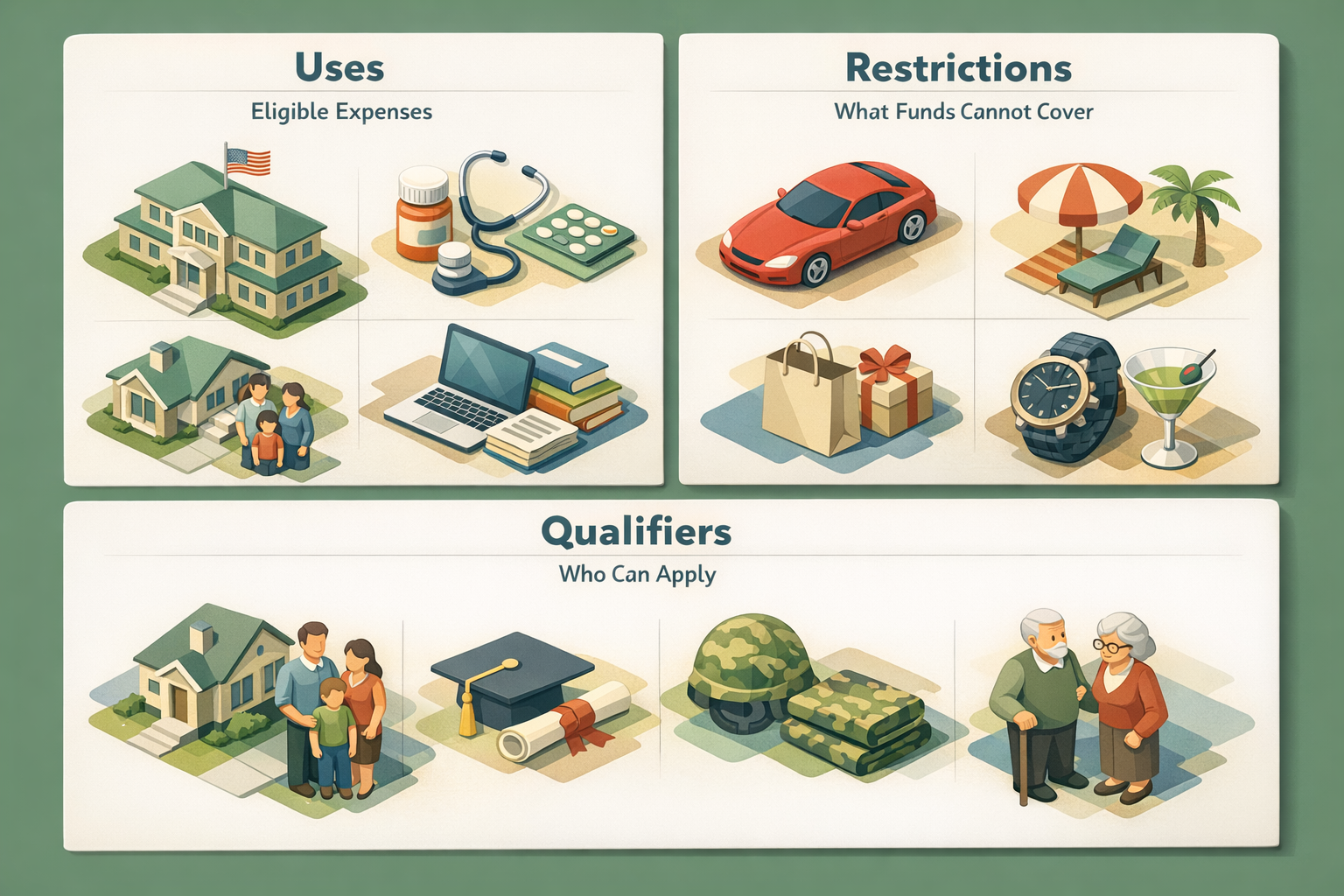 Infographic illustrating eligible uses of SBA Microloan funds, restrictions, and qualifying criteria for applicants.