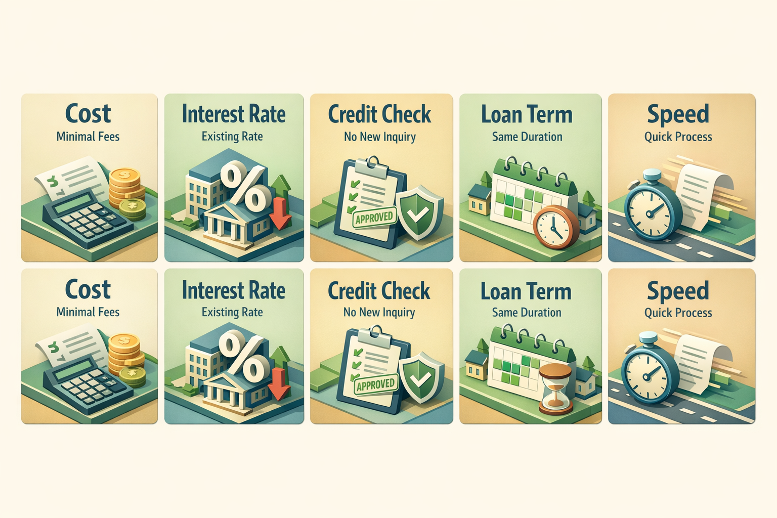 Comparison of mortgage recasting and refinancing highlighting costs, interest rates, credit checks, loan terms, and speed.
