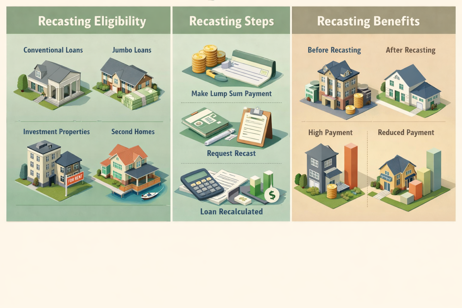 Infographic detailing mortgage recasting eligibility, steps, and benefits for borrowers considering this option.