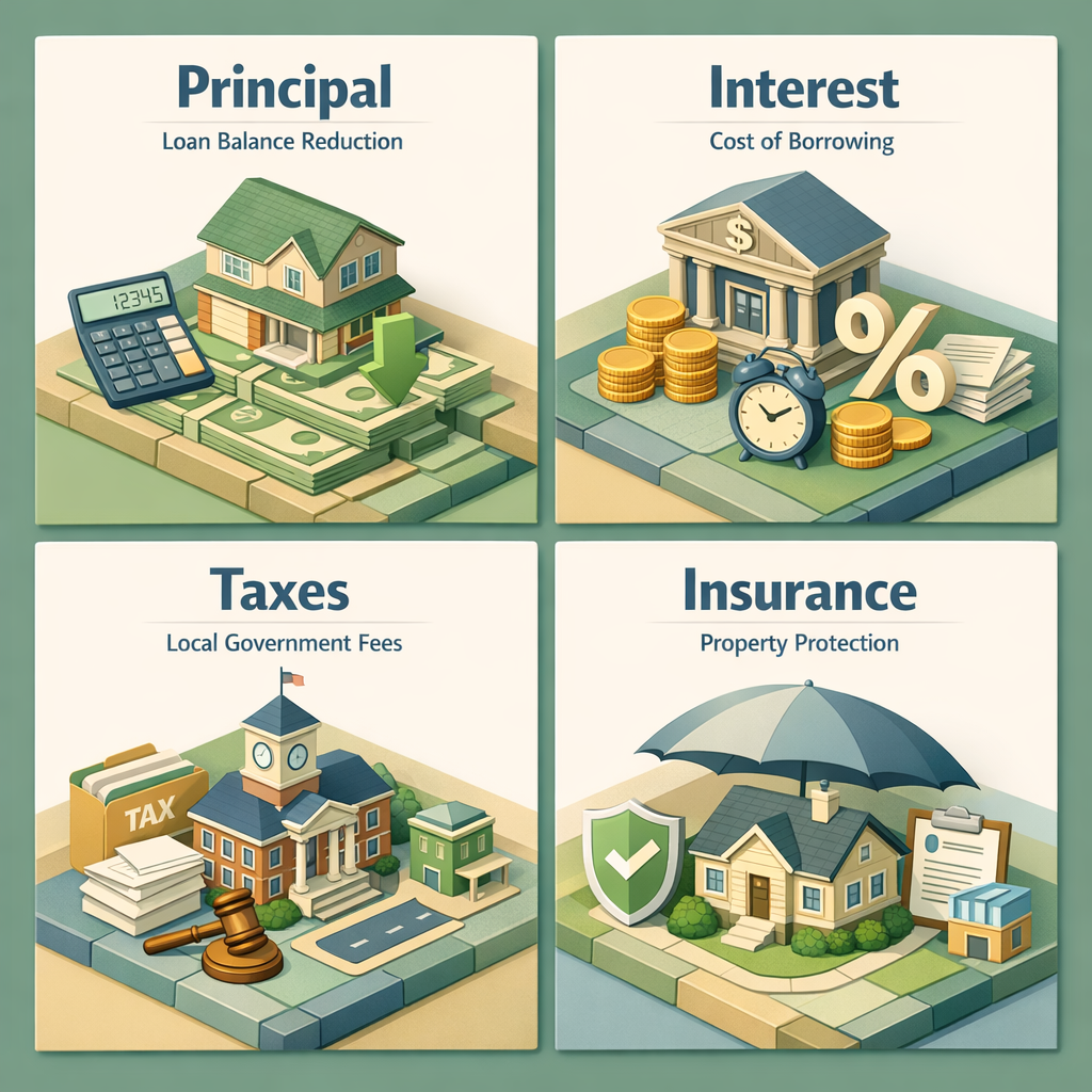 Infographic explaining PITI components: Principal, Interest, Taxes, and Insurance in mortgage payments.