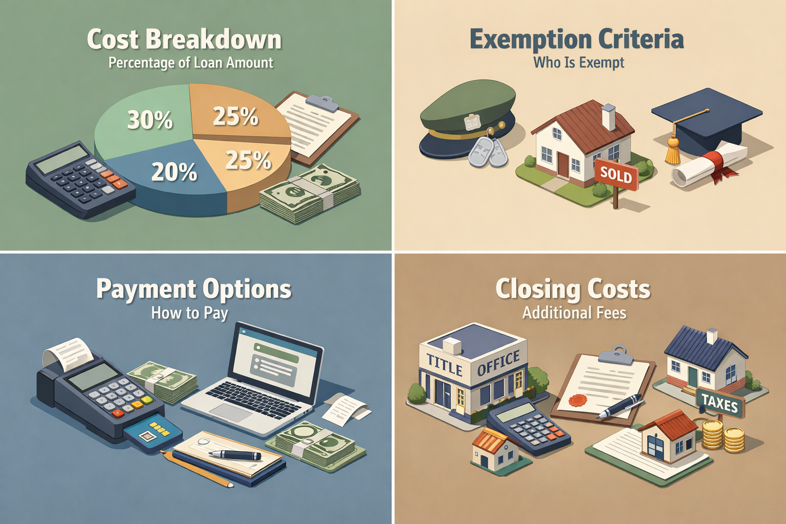 Infographic detailing the VA loan funding fee cost breakdown, exemption criteria, payment options, and additional closing costs.